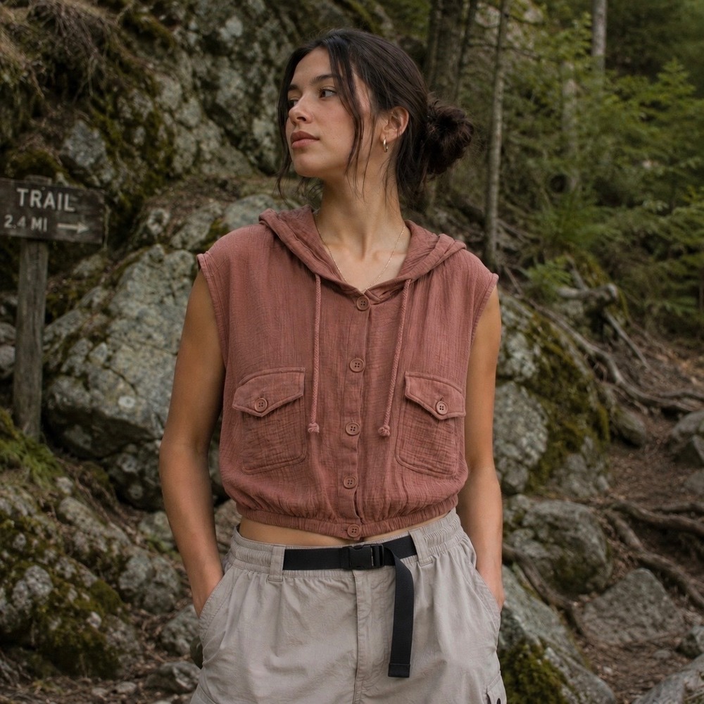 Live Well Gauze Hooded Button Up Crop Top XL Terracotta Cotton Pockets Gorpcore